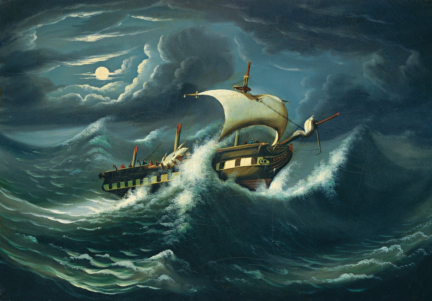 Hand-painted moonlit ship in stormy sea waves nautical oil painting on canvas