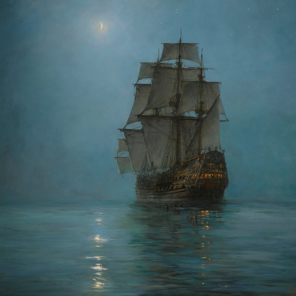 Nautical Oil Paintings - Moonlit Tall Ship on Calm Sea - Oil Painting Haven