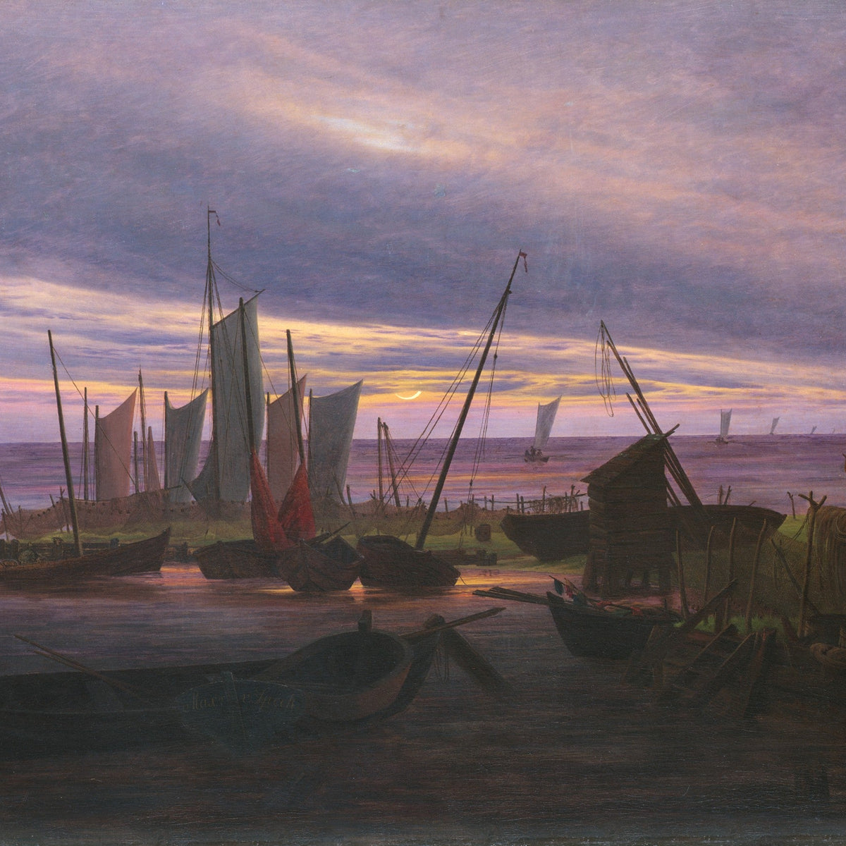 Hand-painted moonrise harbor with fishing boats nautical oil painting on canvas
