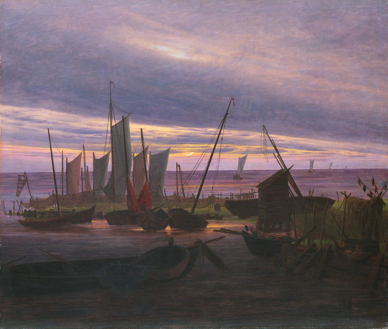 Hand-painted moonrise harbor with fishing boats nautical oil painting on canvas