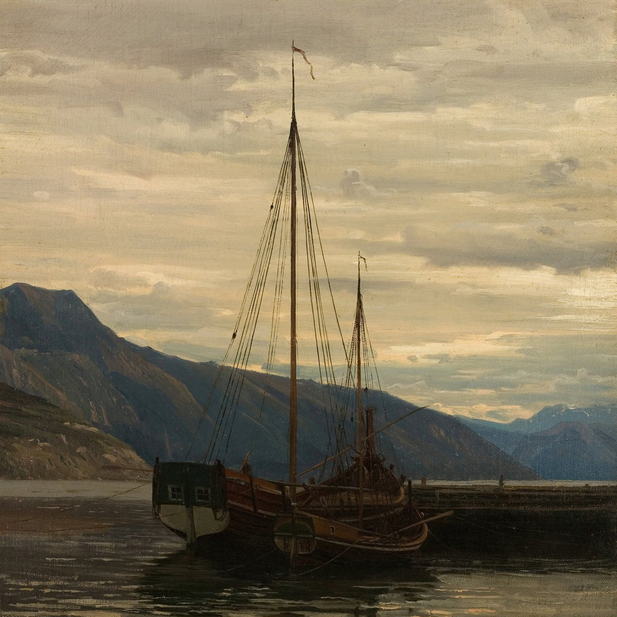 Hand-painted moored sailboat at dusk nautical oil painting on canvas