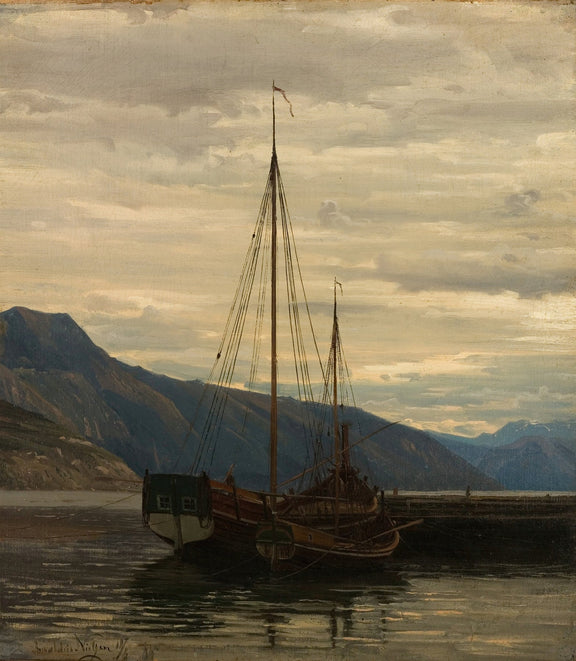 Hand-painted moored sailboat at dusk nautical oil painting on canvas