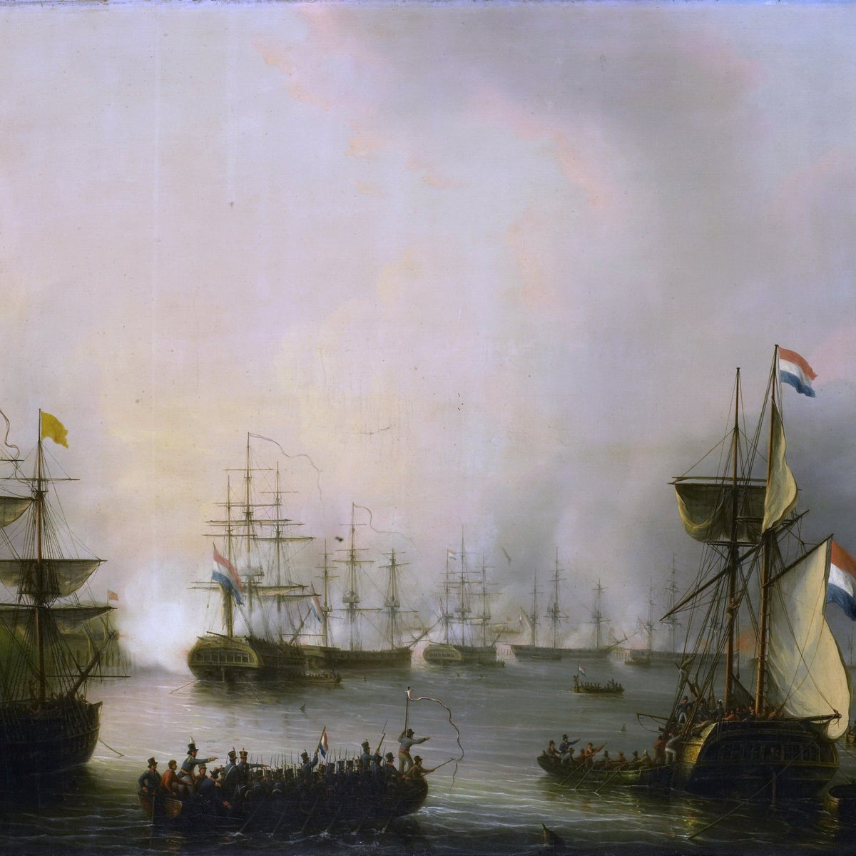 Hand-painted naval bombardment off Palembang harbor nautical oil painting on canvas