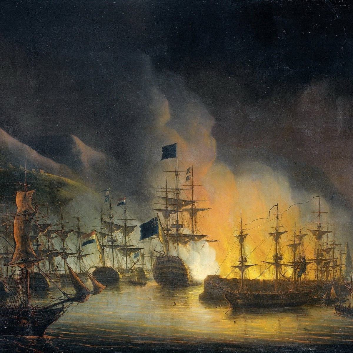 Hand-painted night bombardment of Algiers harbor nautical oil painting on canvas