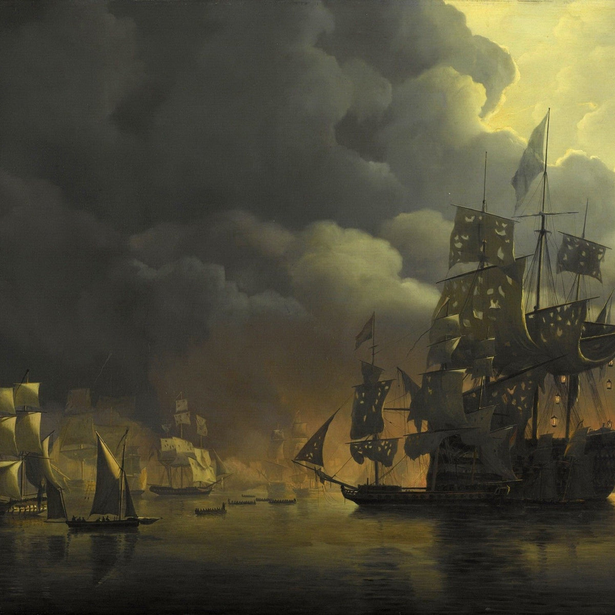 Nautical Oil Paintings - Night Warships in Firelit Harbor - Oil Painting Haven