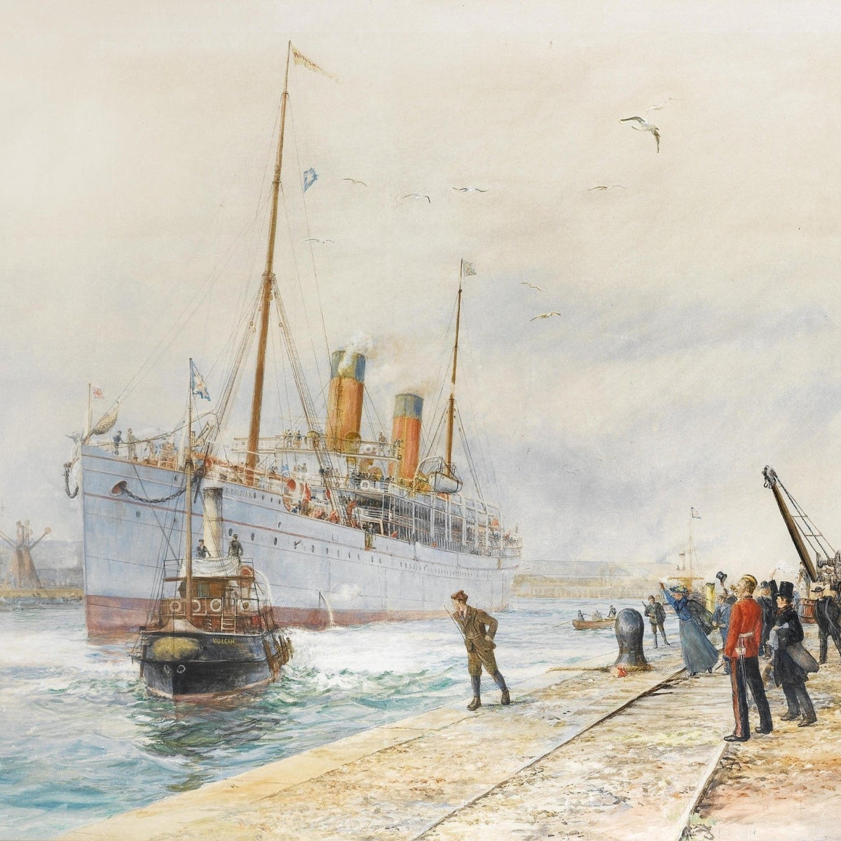Hand-painted ocean liner arrival at harbor pier nautical oil painting on canvas