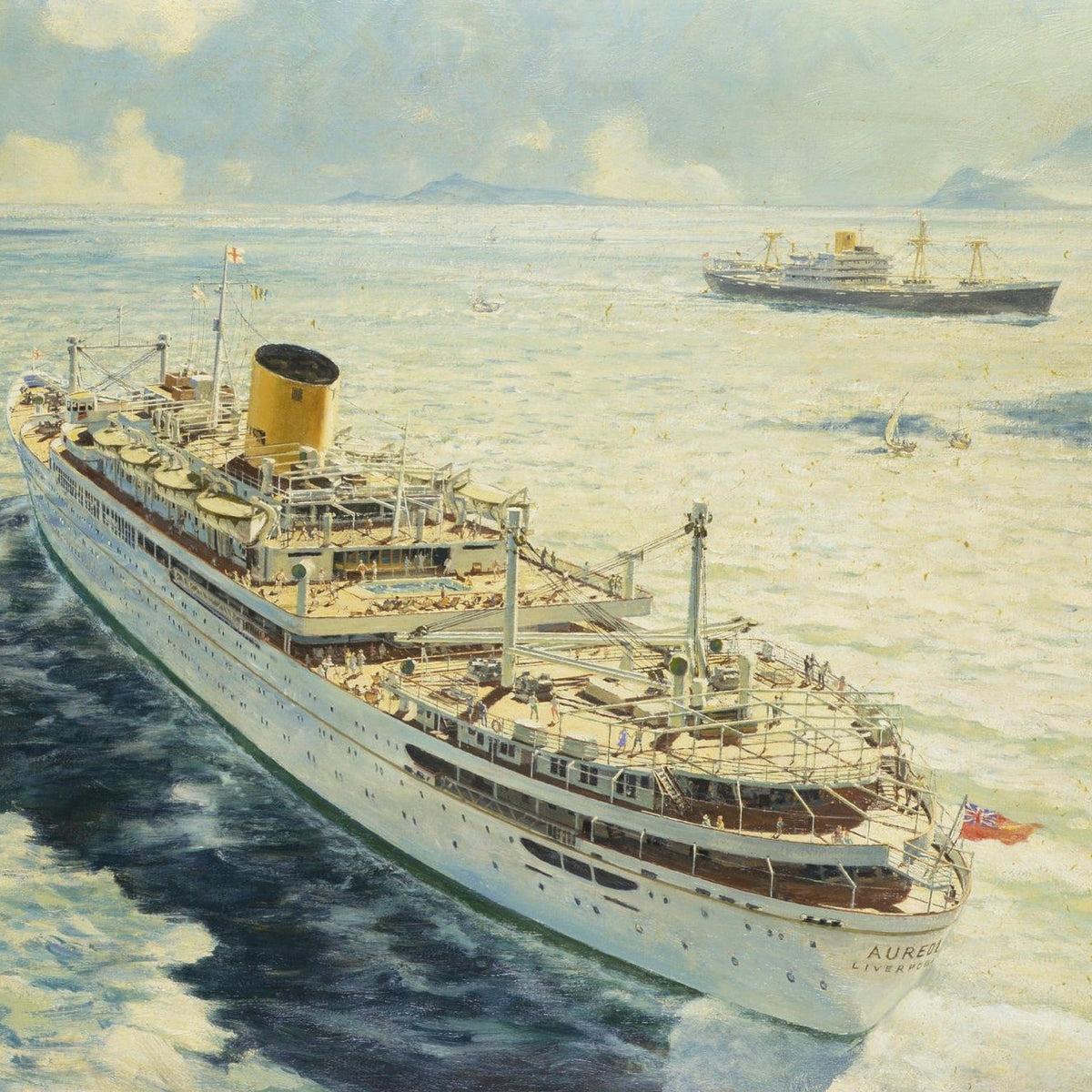 Hand-painted ocean liner on sunlit coastal waters nautical oil painting on canvas