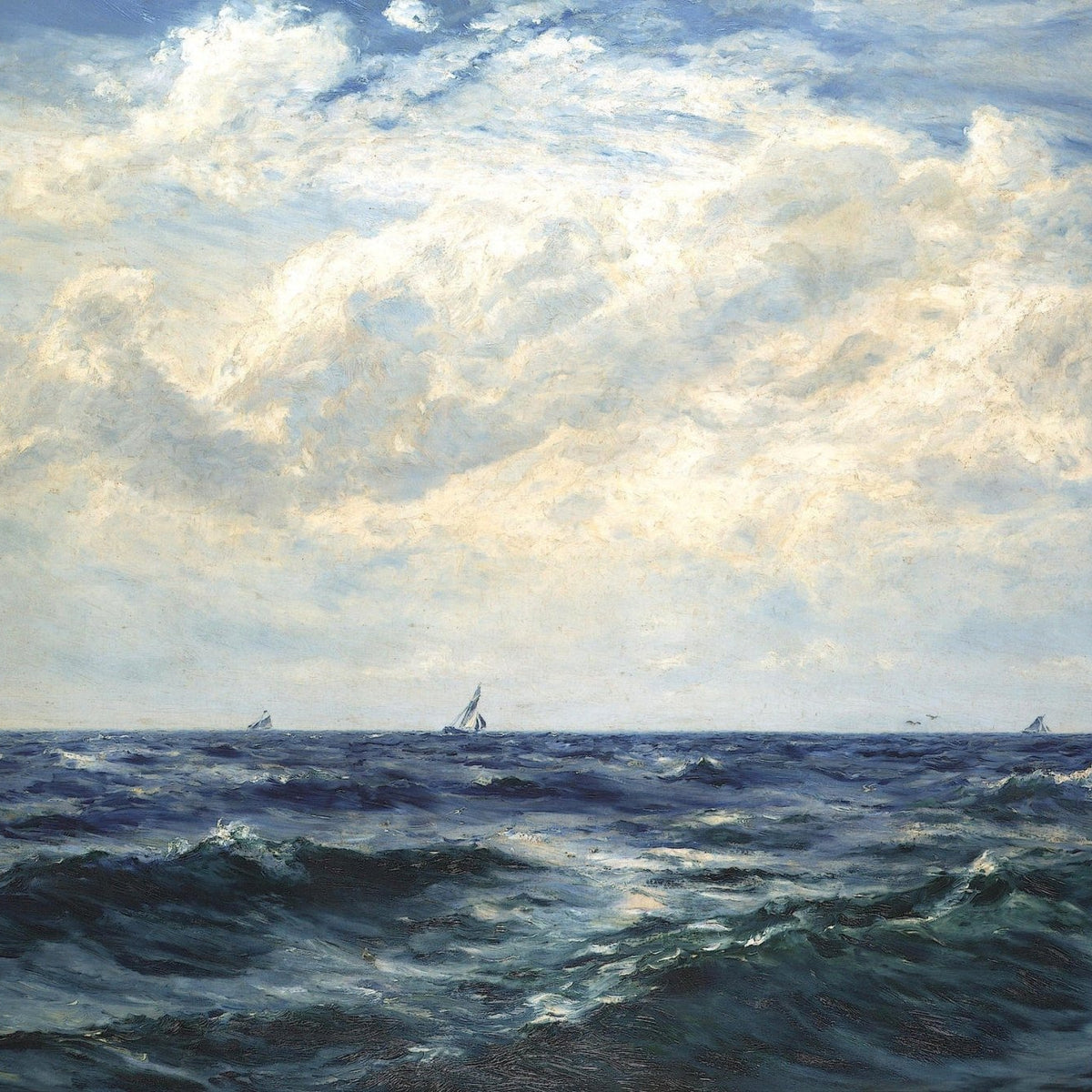 Hand-painted open sea waves and distant sailboats nautical oil painting on canvas