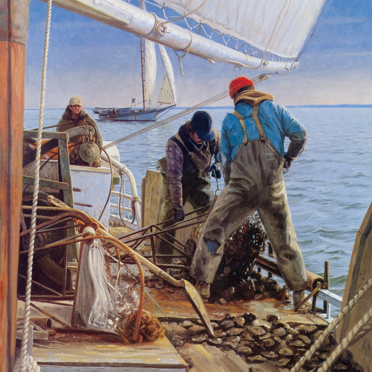 Nautical Oil Paintings - Oyster Fishermen at Work on a Sailboat - Oil Painting Haven