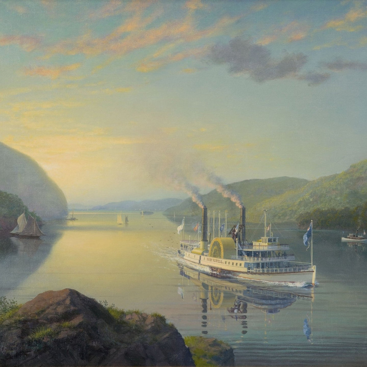 Hand-painted paddle steamer on quiet river at dusk nautical oil painting on canvas