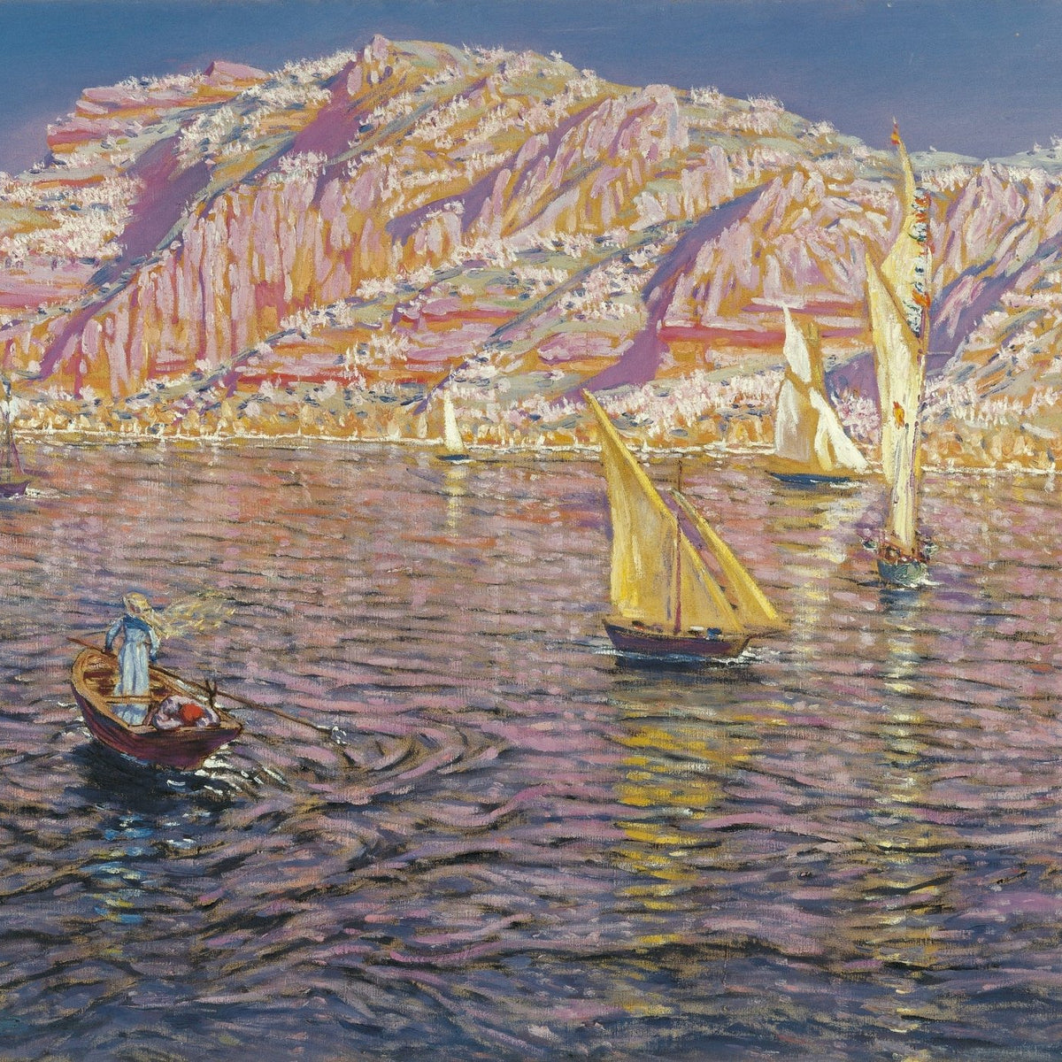 Hand-painted palma bay sailboats and coastal cliffs nautical oil painting on canvas