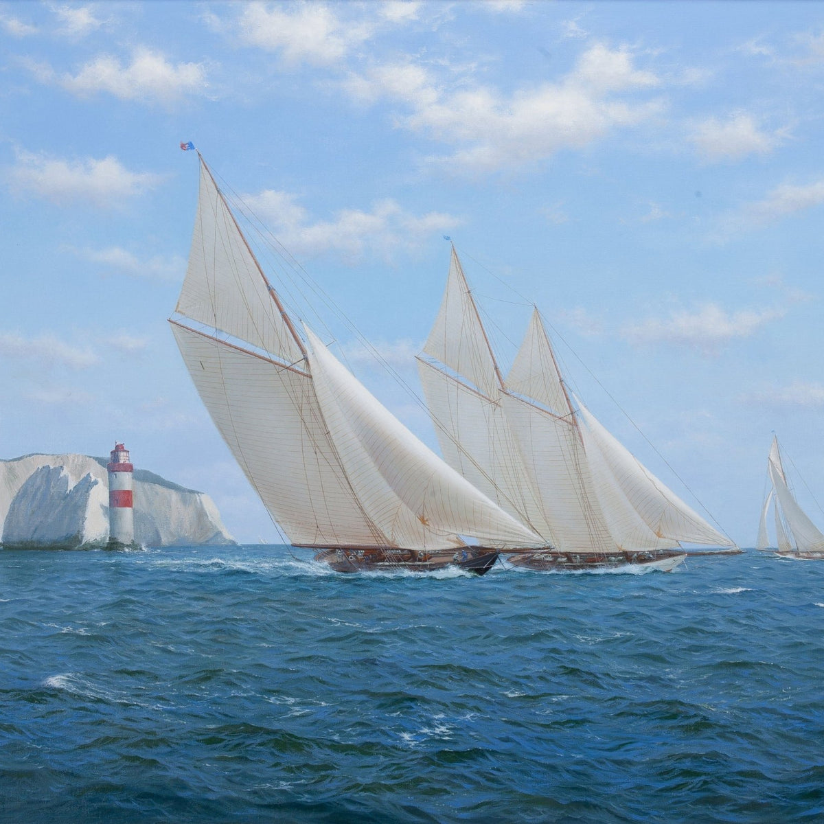 Hand-painted racing sailboats by a coastal lighthouse nautical oil painting on canvas