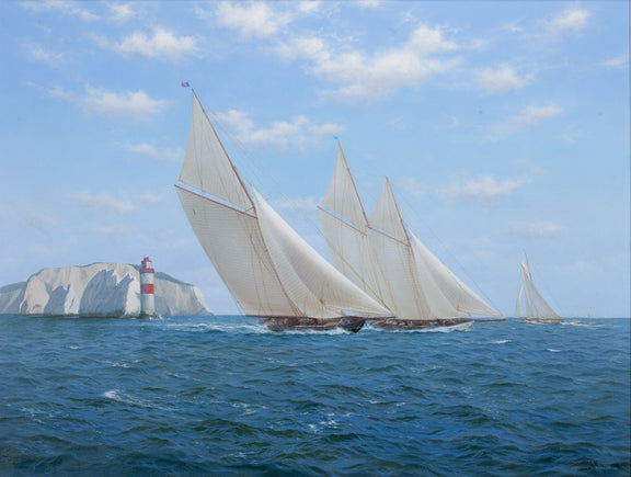 Hand-painted racing sailboats by a coastal lighthouse nautical oil painting on canvas