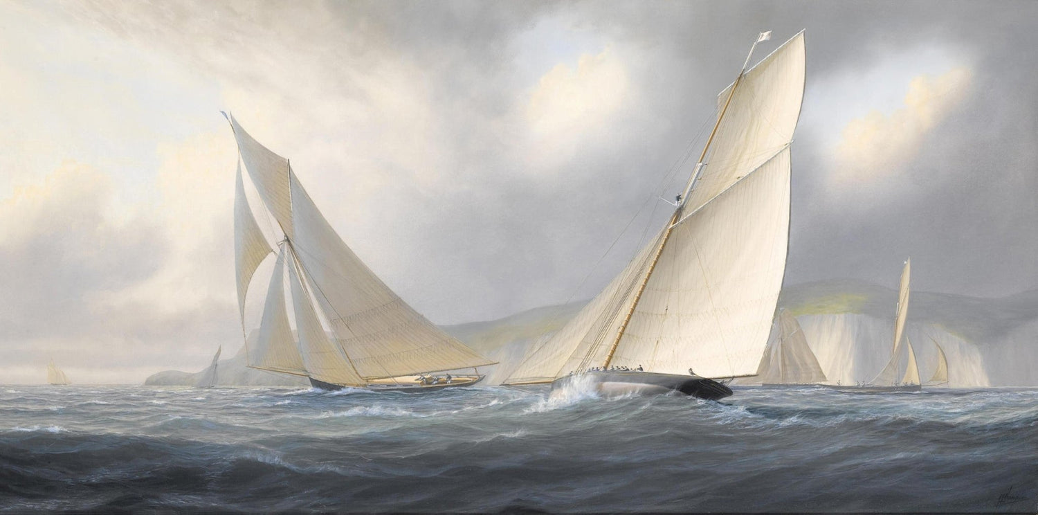 Hand-painted racing sailboats on coastal seas nautical oil painting on canvas