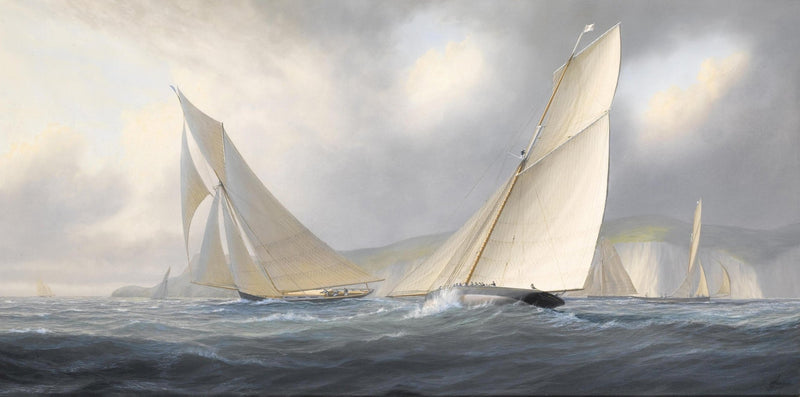 Hand-painted racing sailboats on coastal seas nautical oil painting on canvas