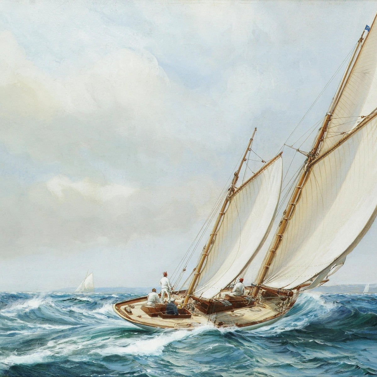 Hand-painted racing sloop with white sails at sea nautical oil painting on canvas
