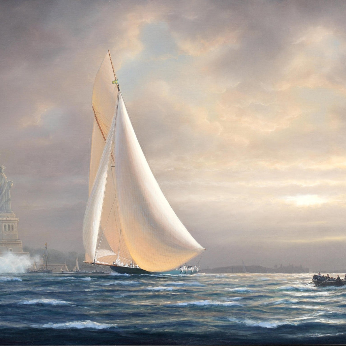Hand-painted racing yacht by the statue of liberty nautical oil painting on canvas