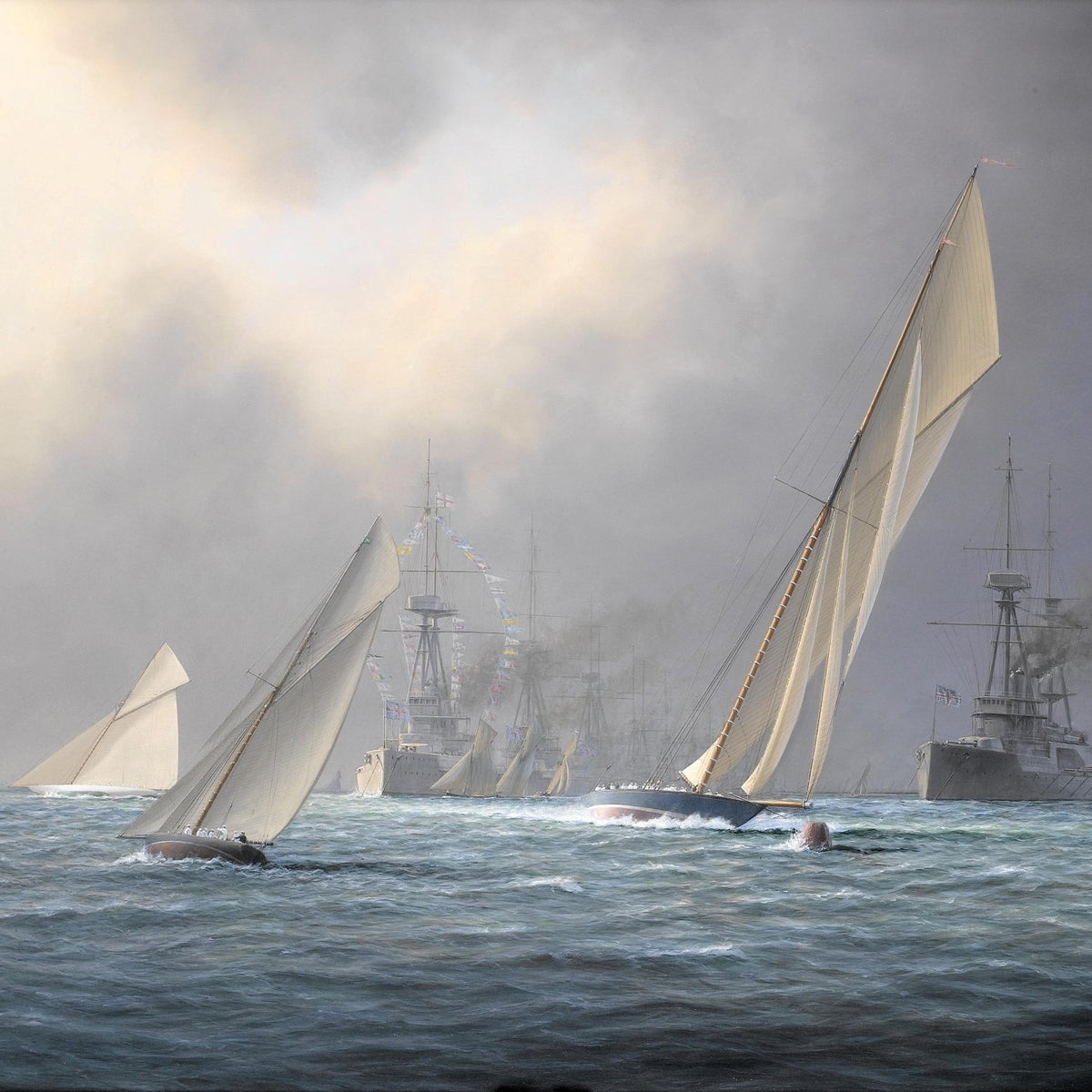 Hand-painted racing yachts on choppy seas nautical oil painting on canvas