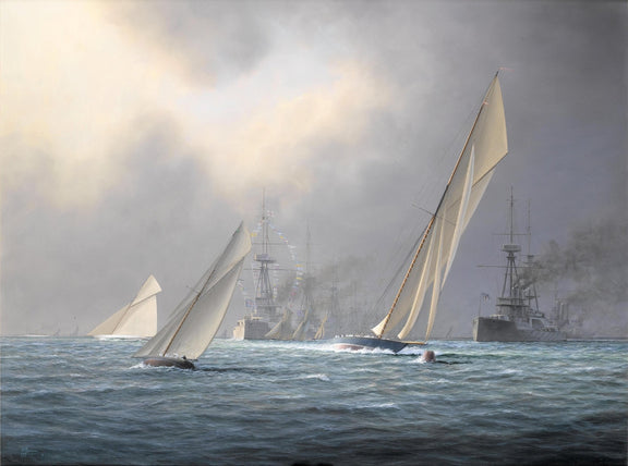 Hand-painted racing yachts on choppy seas nautical oil painting on canvas