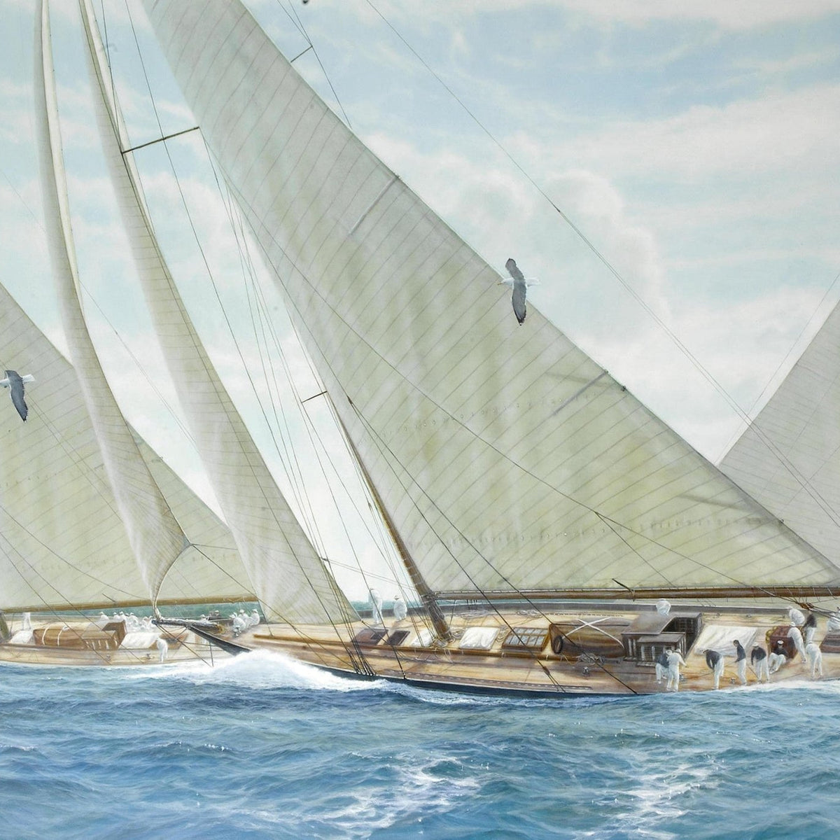 Hand-painted racing yachts with white sails at sea nautical oil painting on canvas