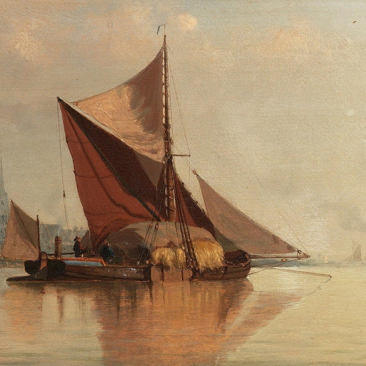 Hand-painted red sailboat on calm harbor at dawn nautical oil painting on canvas