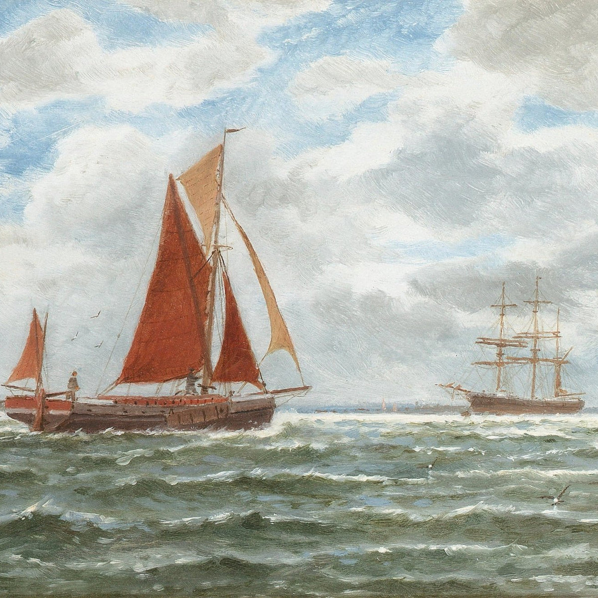 Hand-painted red sailboat on open sea with tall ship nautical oil painting on canvas