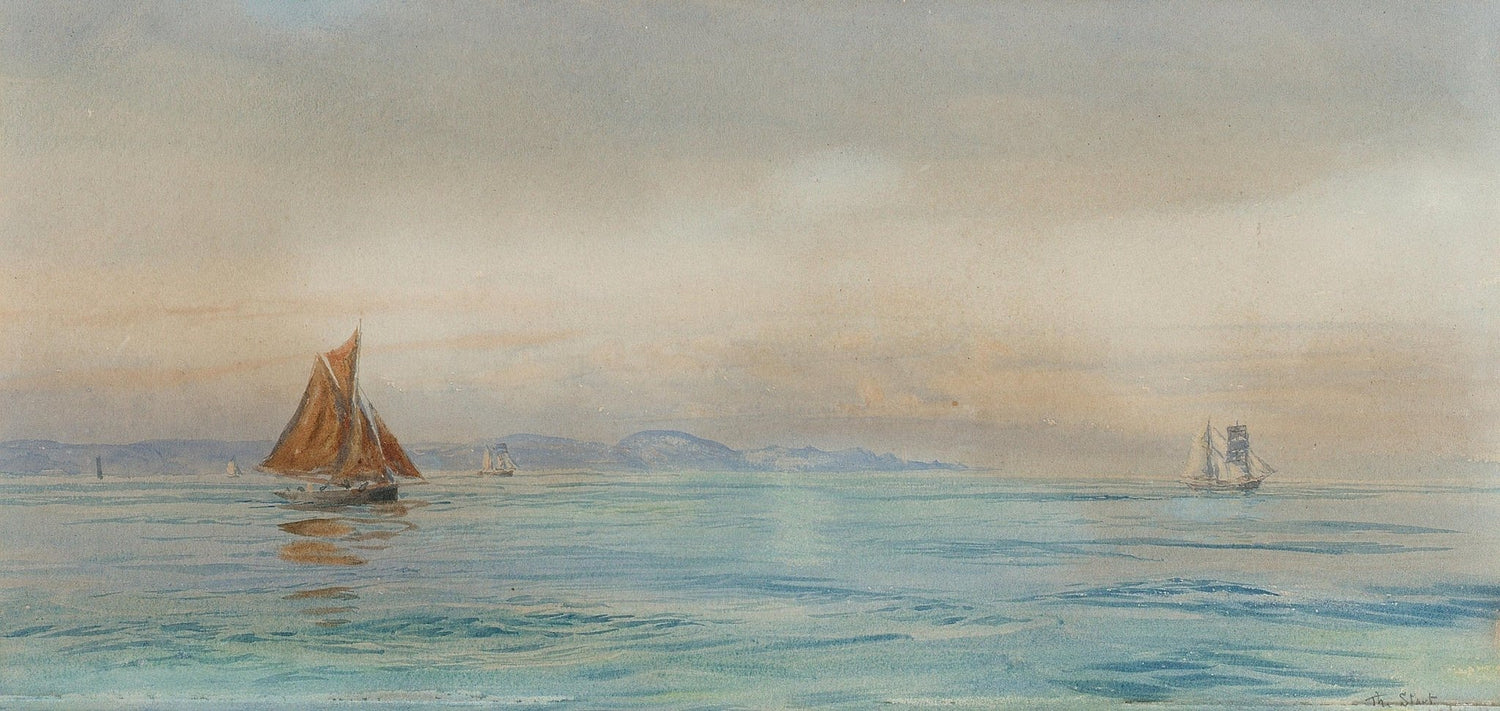 Hand-painted red sailboat on quiet blue coastal water nautical oil painting on canvas