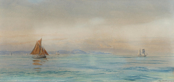 Hand-painted red sailboat on quiet blue coastal water nautical oil painting on canvas