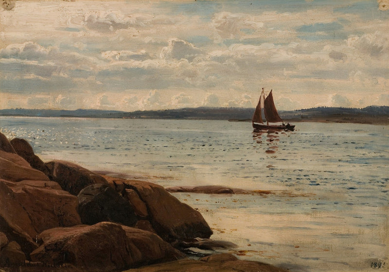 Hand-painted red sailboat on quiet waters nautical oil painting on canvas