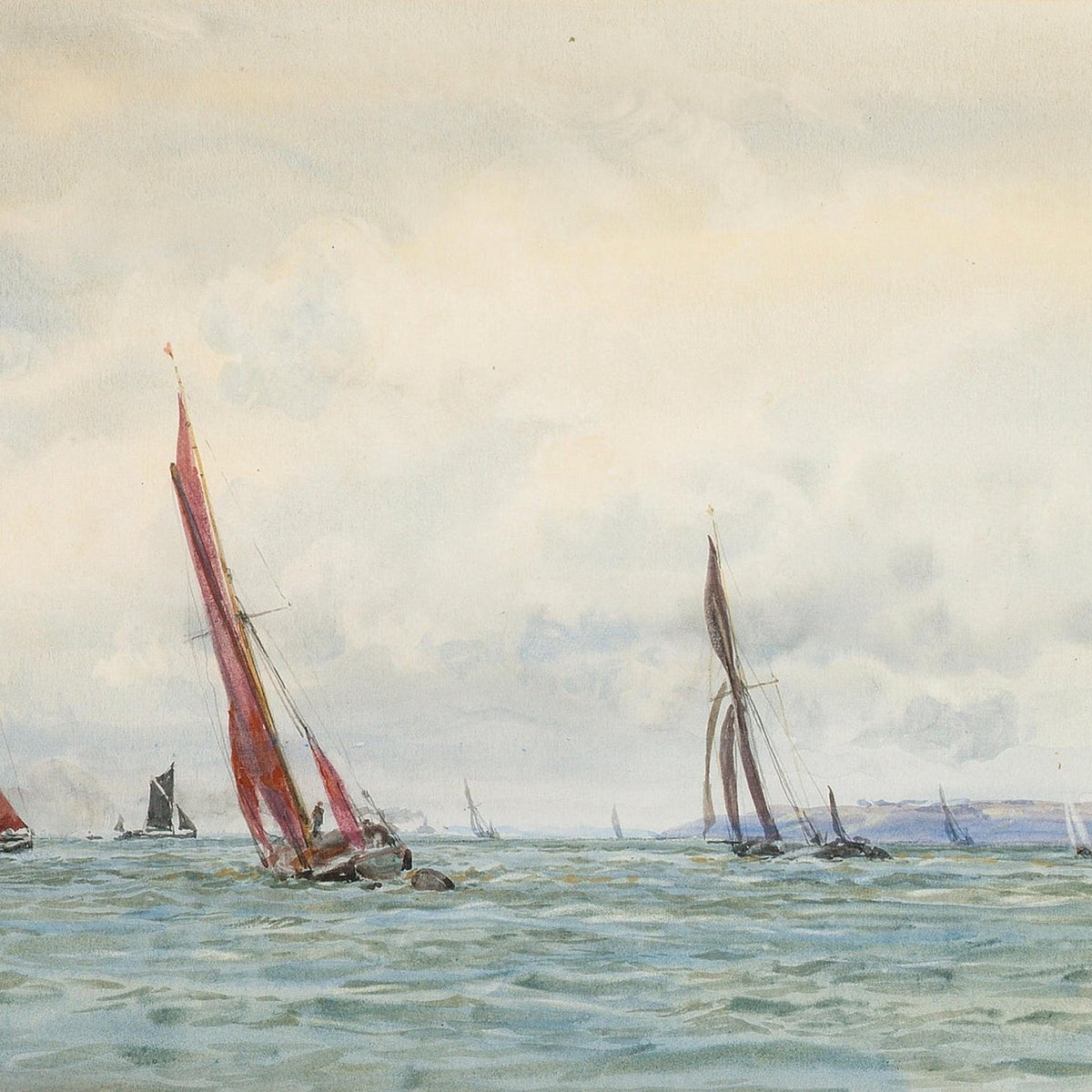 Nautical Oil Paintings - Red Sailboats on Open Coastal Water - Oil Painting Haven