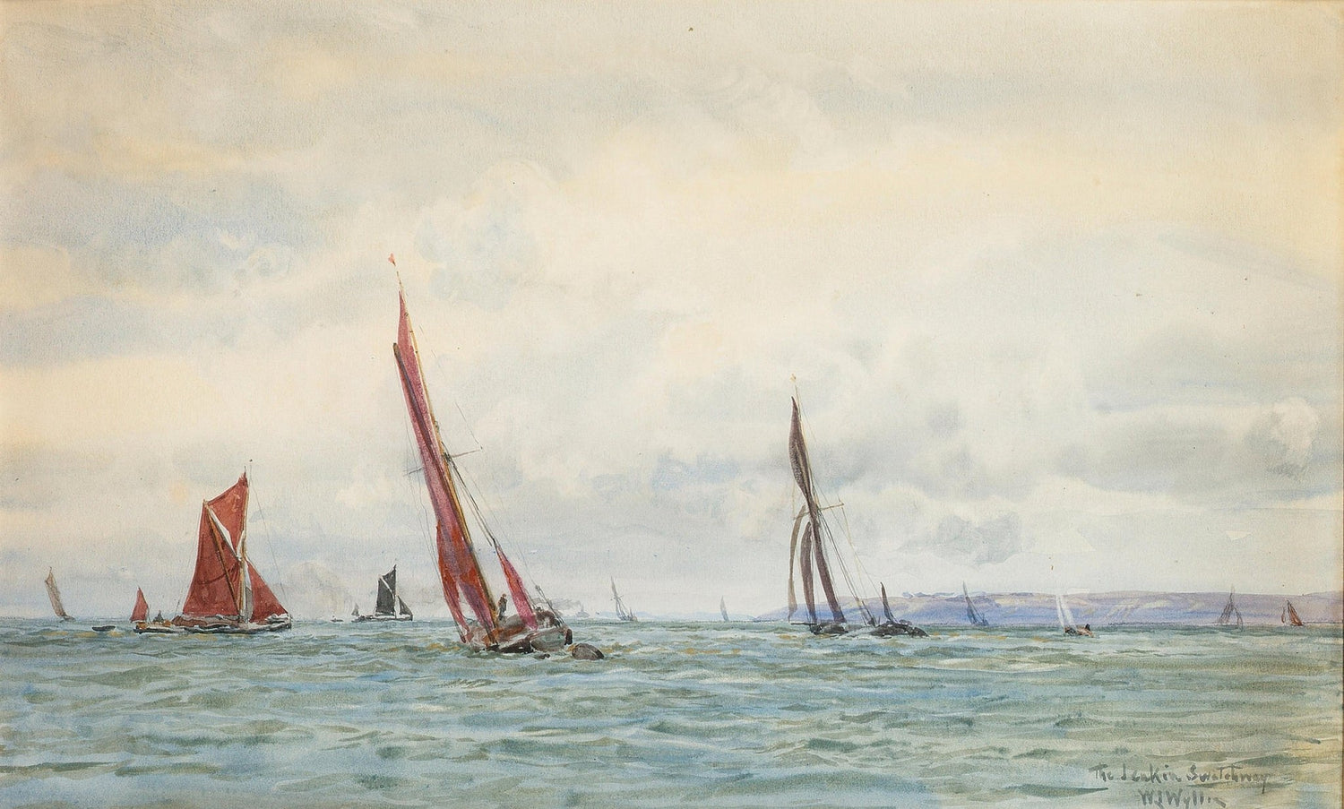 Hand-painted red sailboats on open coastal water nautical oil painting on canvas