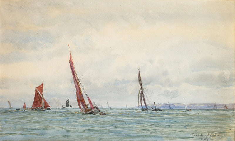 Nautical Oil Paintings - Red Sailboats on Open Coastal Water - Oil Painting Haven