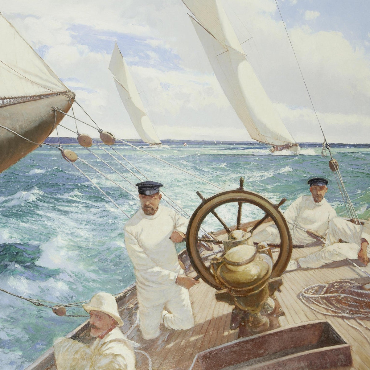 Nautical Oil Paintings - Regatta at Sea with Crew and White Sails - Oil Painting Haven