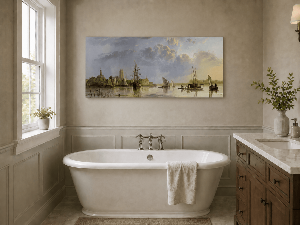 Nautische Ölgemälde – Flusslandschaft mit Segelschiffen