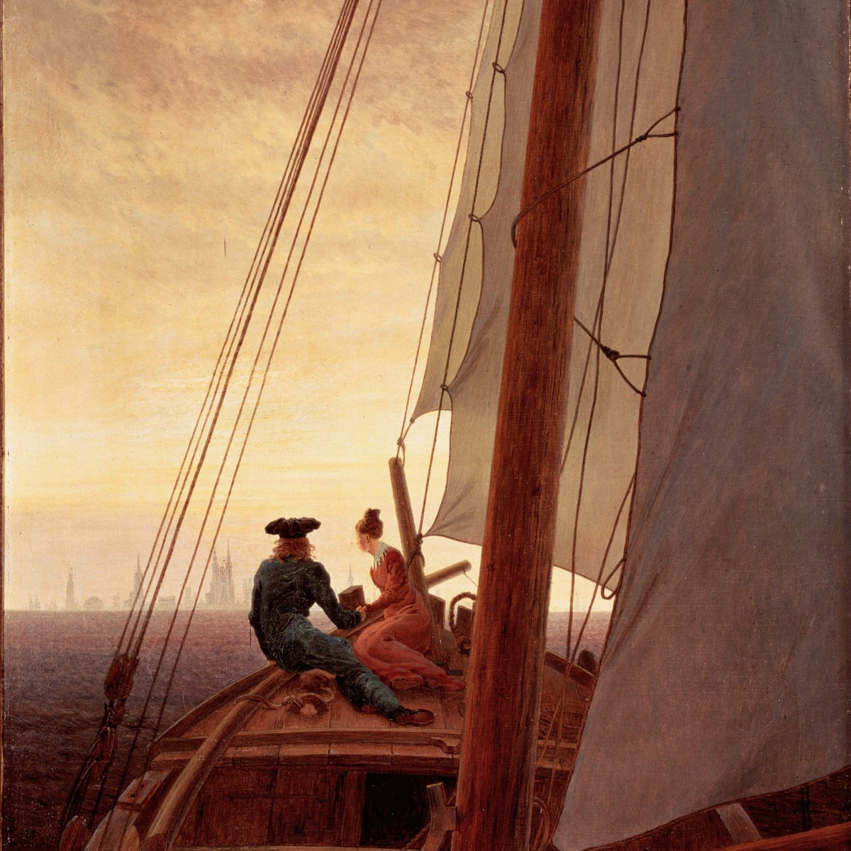Nautical Oil Paintings - Romantic Couple on a Sailboat at Sunset - Oil Painting Haven
