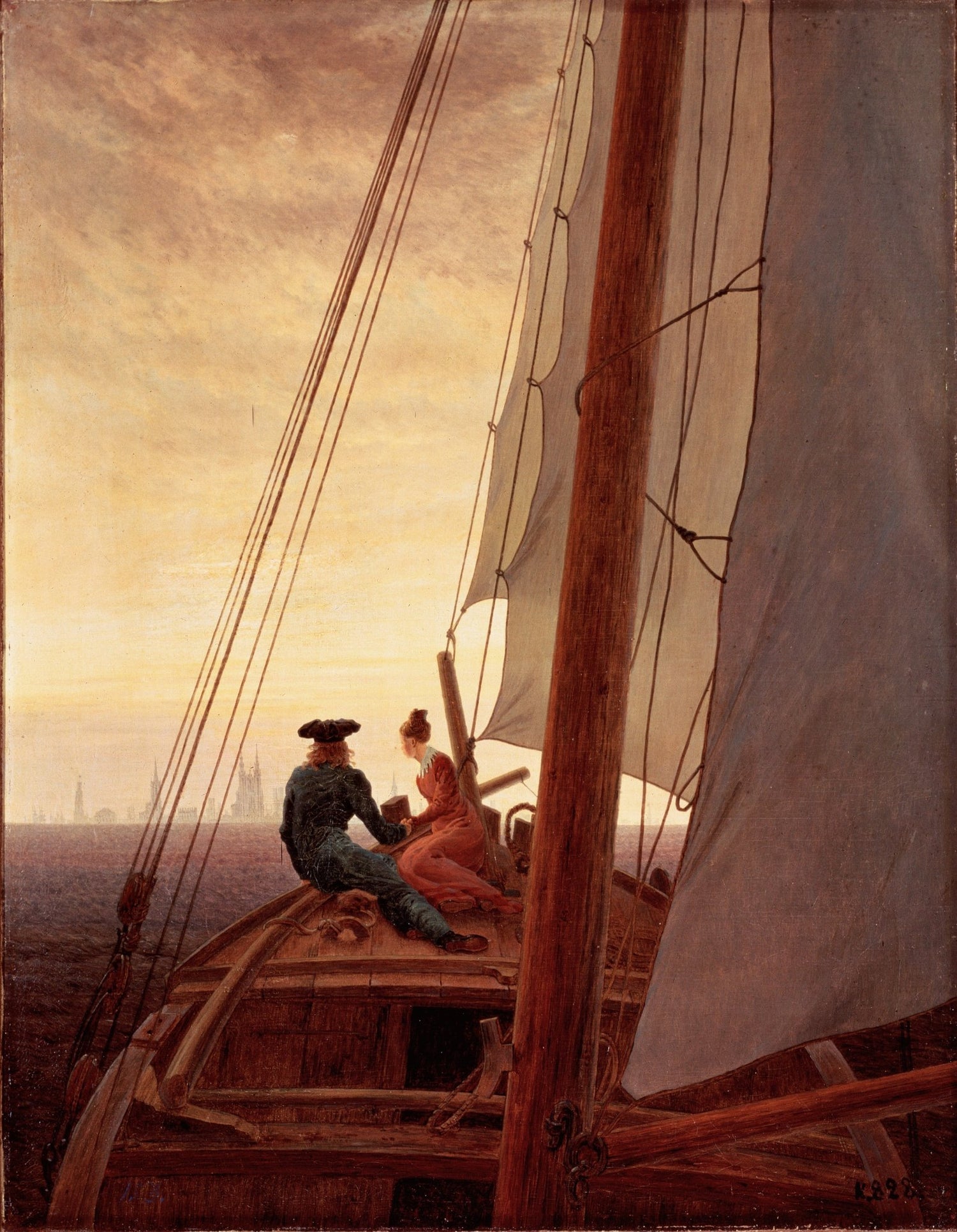 Hand-painted romantic couple on a sailboat at sunset nautical oil painting on canvas