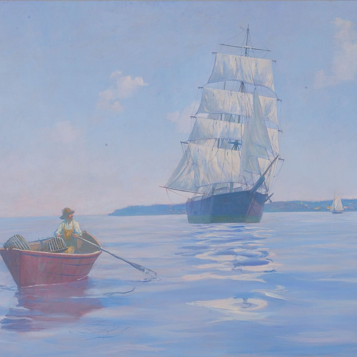 Hand-painted rowboat and tall ship on calm blue water nautical oil painting on canvas