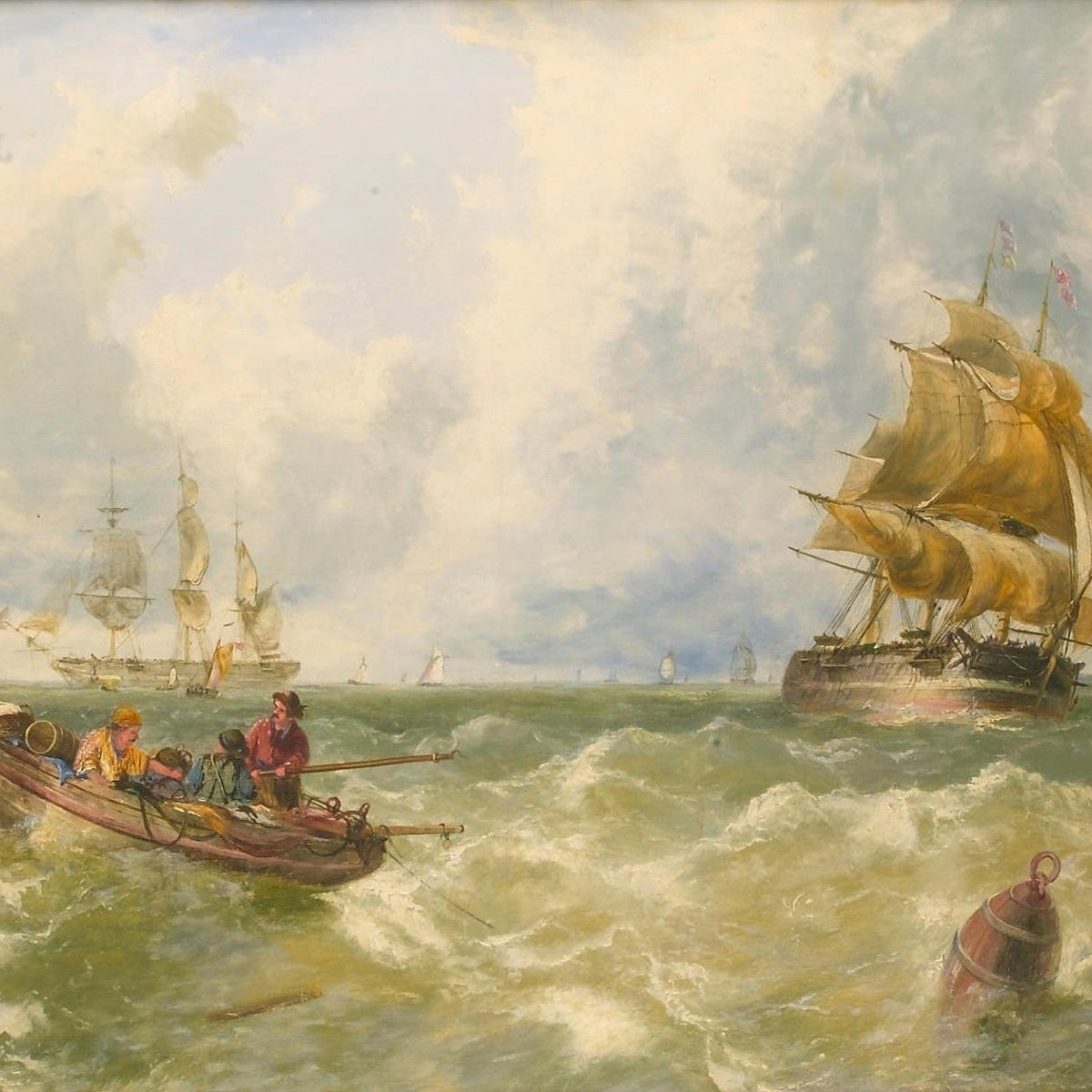 Nautical Oil Paintings - Rowboat and Tall Ships on Rough Sea - Oil Painting Haven