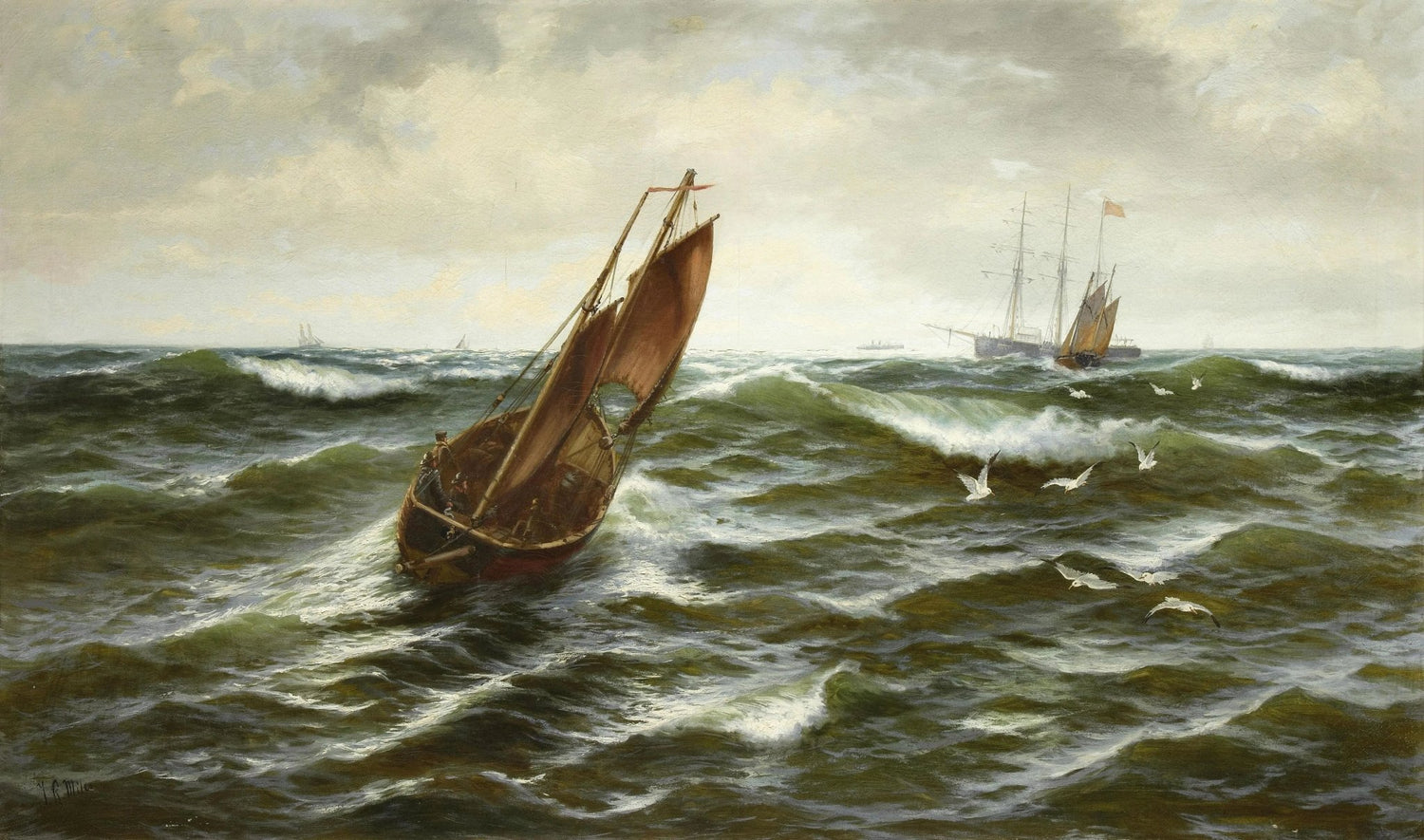 Nautical Oil Paintings - Sailboat in Rough Seas - Oil Painting Haven