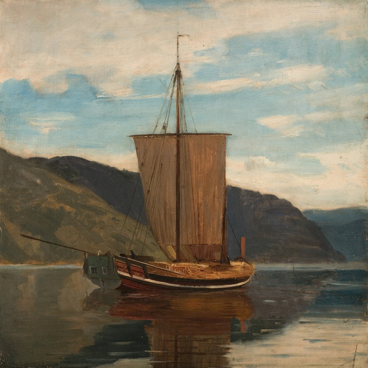 Hand-painted sailboat on calm fjord nautical oil painting on canvas