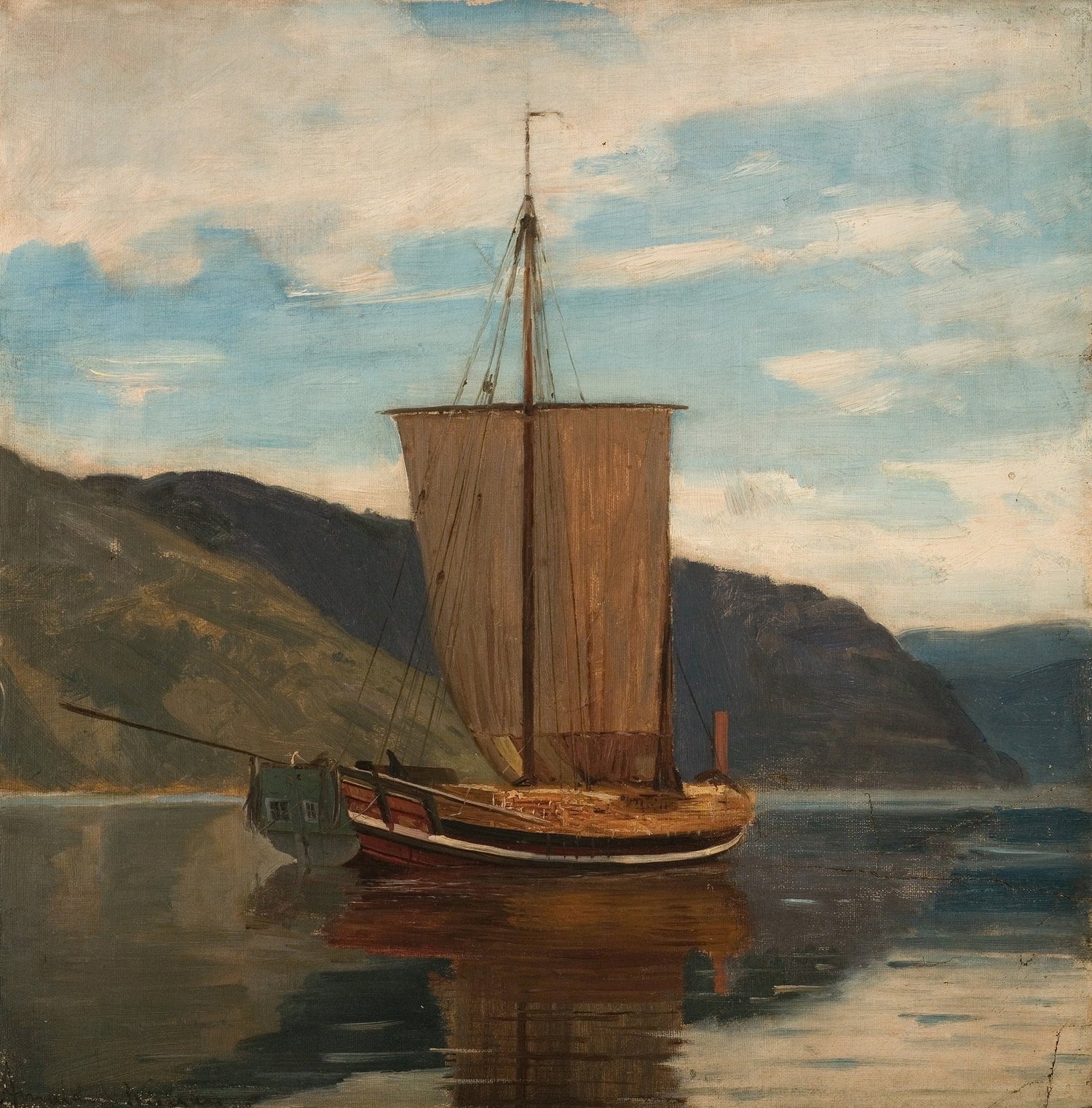 Hand-painted sailboat on calm fjord nautical oil painting on canvas