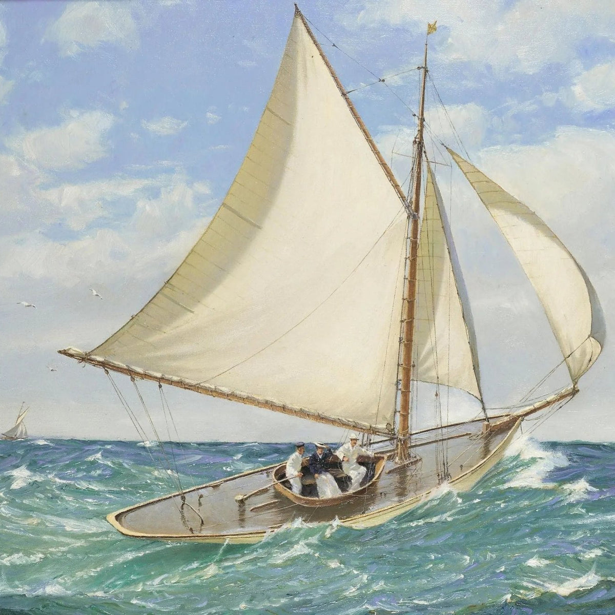 Nautical Oil Paintings - Sailboat with Crew at Sea - Oil Painting Haven