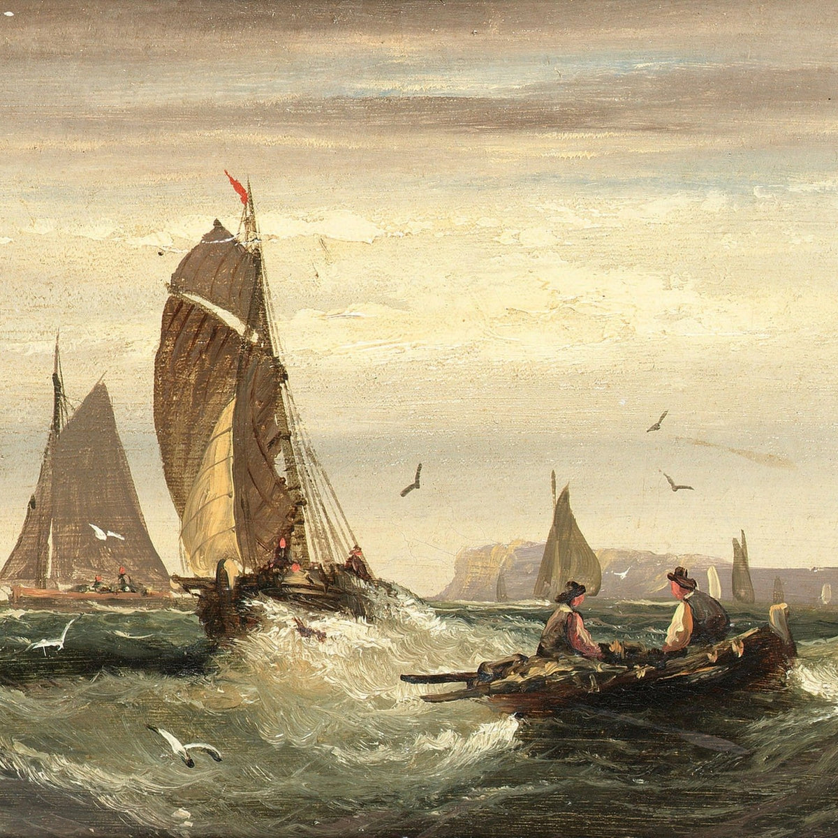 Hand-painted sailboats and rowboat on choppy sea nautical oil painting on canvas