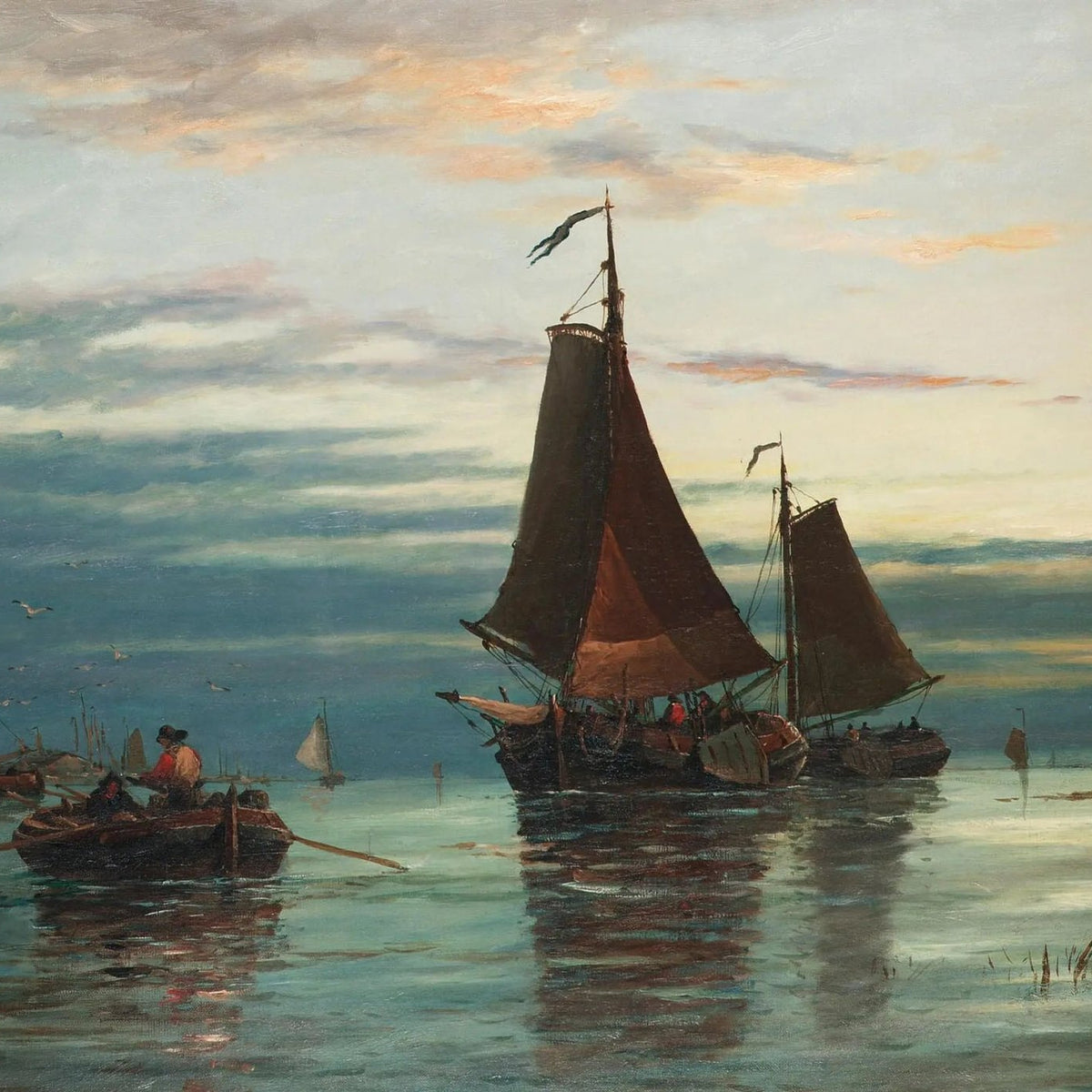 Nautical Oil Paintings - Sailboats at Sunset on Calm Water - Oil Painting Haven