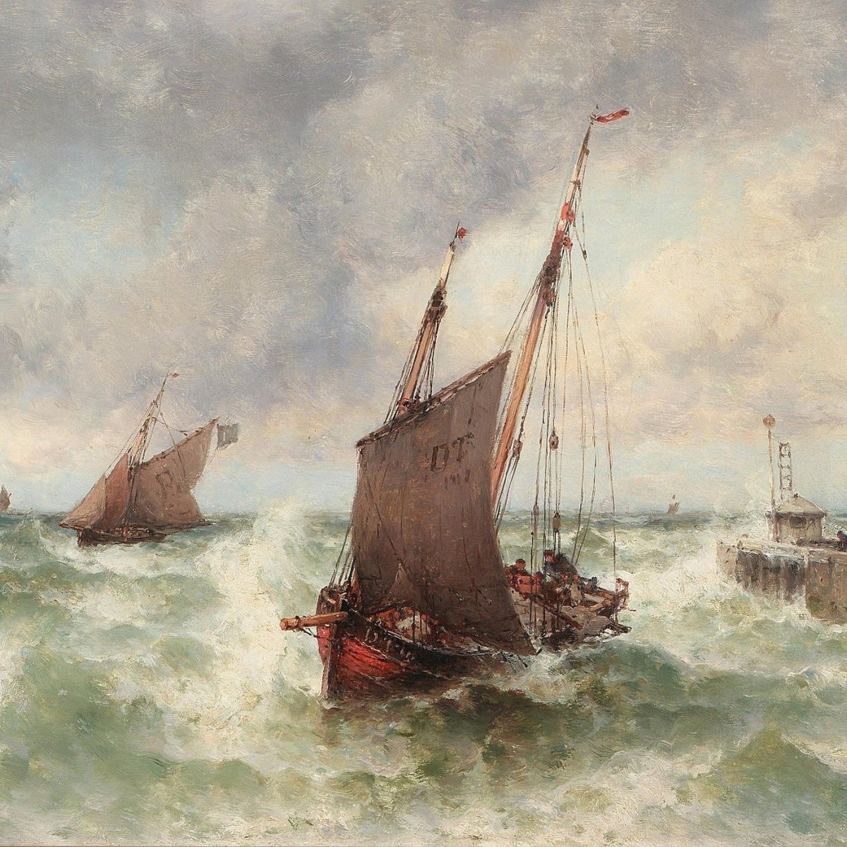 Hand-painted sailboats in stormy seas nautical oil painting on canvas