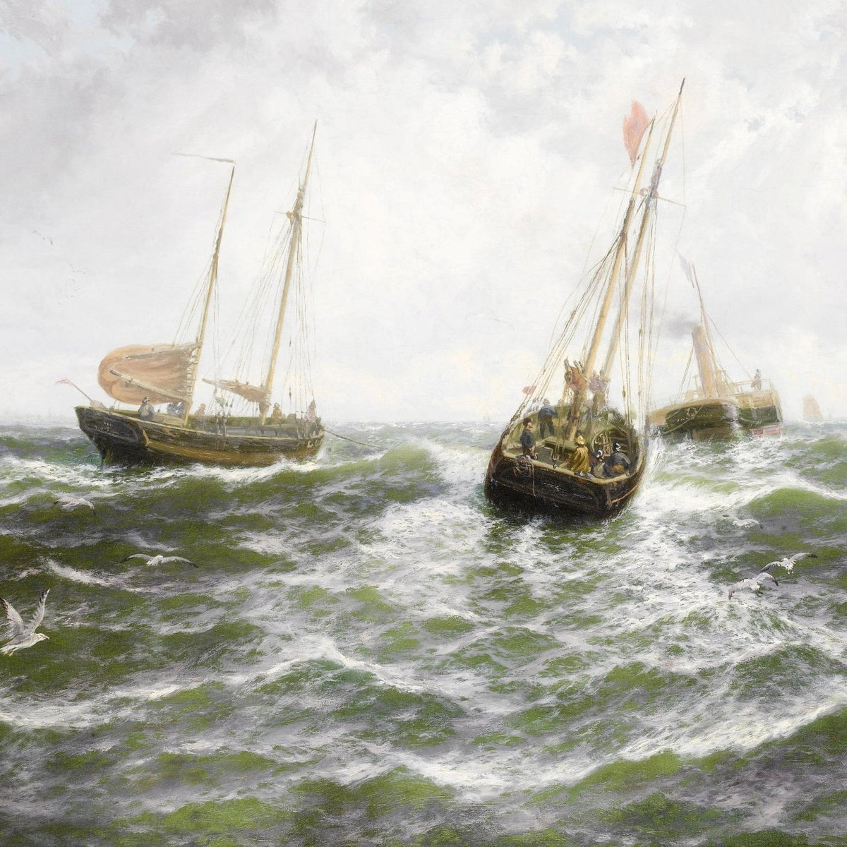 Hand-painted sailboats on rough green sea with gulls nautical oil painting on canvas