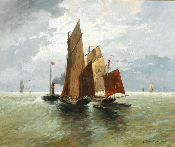 Hand-painted sailing barges on open water nautical oil painting on canvas
