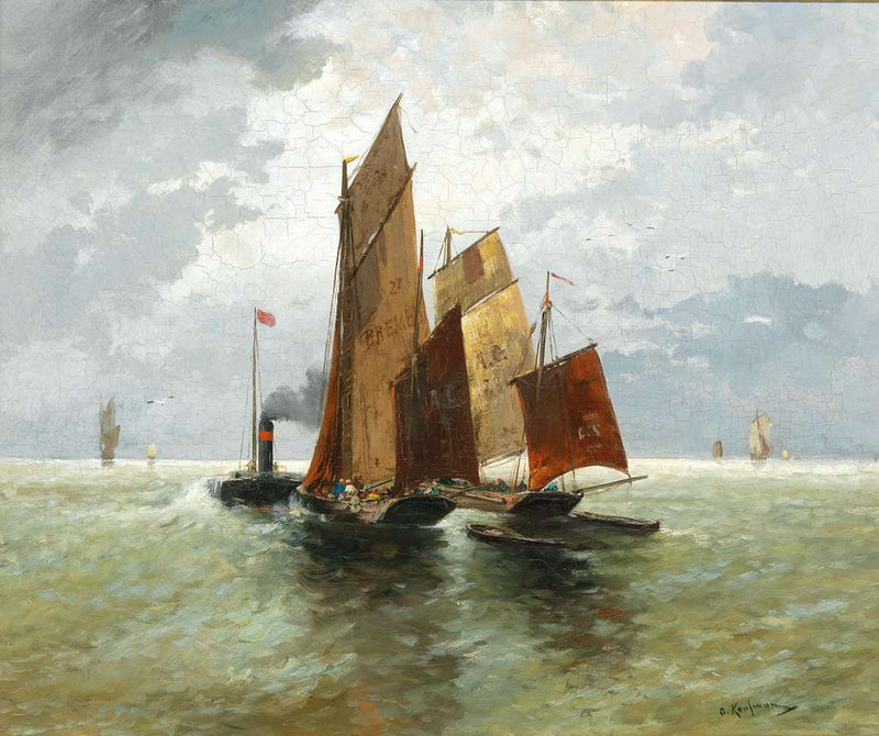 Hand-painted sailing barges on open water nautical oil painting on canvas
