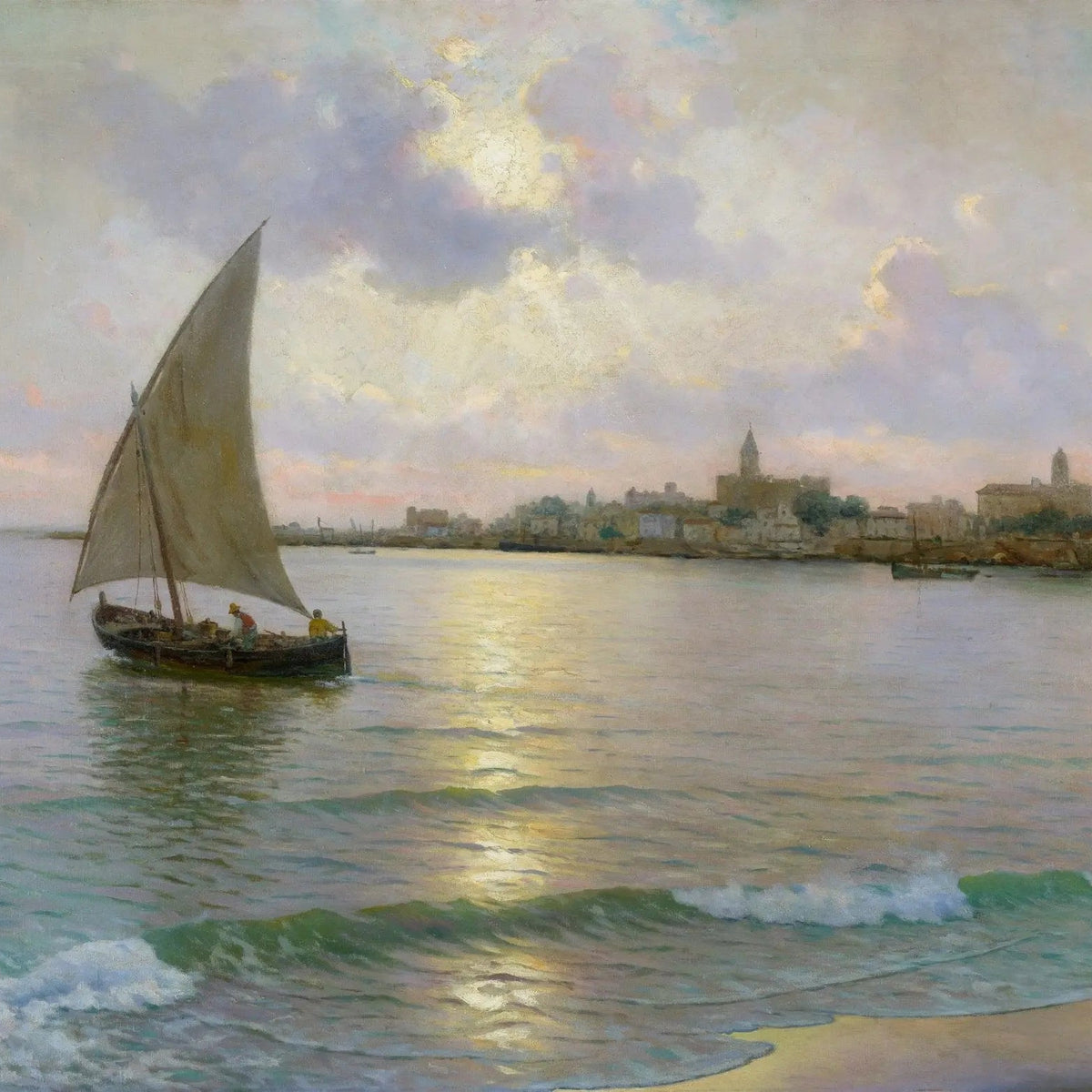 Nautical Oil Paintings - Sailing Boat by Coastal Town at Sunset - Oil Painting Haven