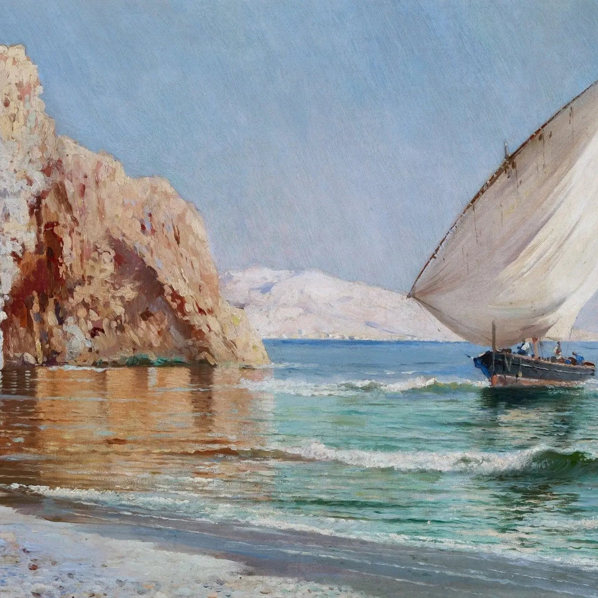 Nautical Oil Paintings - Sailing Boat by Rocky Coast - Oil Painting Haven